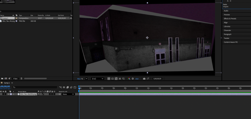 A building façade with applied photographic textures is placed inside an After Effects composition for projection-mapping alignment and animation testing.